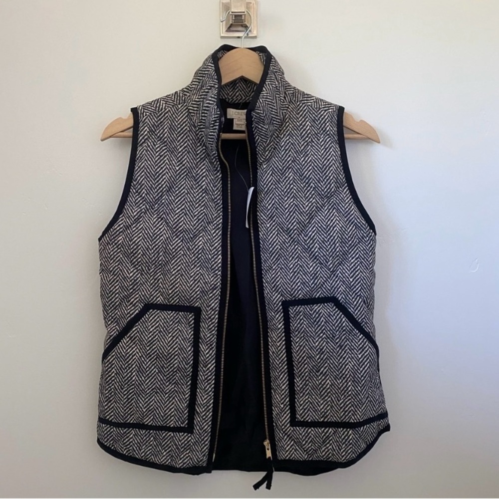 J. Crew Herringbone Puffer Vest Black Cream Tan XS